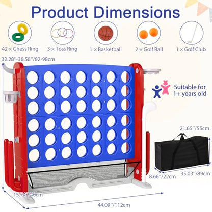 OLAKIDS Giant Connect Game Outdoor, 4 in A Row with Adjustable Height, Mesh Net, Carry Bag, Golf, Basketball Hoop, Ring Toss, Cup Holder for Kids Adults Indoor Backyard (Navy) - color: Navy