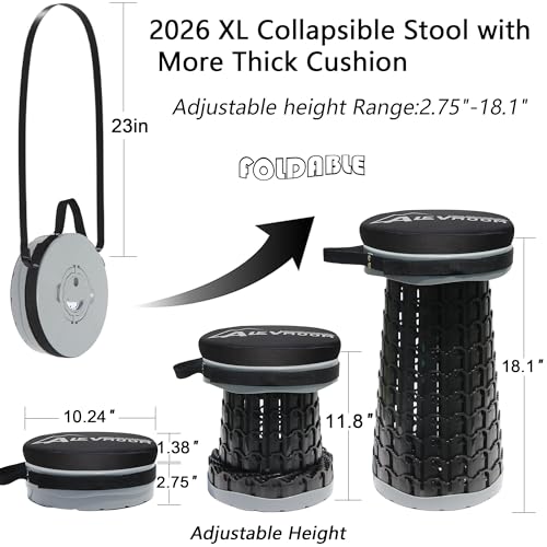 ALEVMOOM XXL 18.1" Telescoping Stool with Thick Cushion, Portable Telescoping More Sturdy Capacity 800Ib,Collapsible Retractable Adjustable Folding Stool for Garden Hiking Fishing BBQ - color: Grey