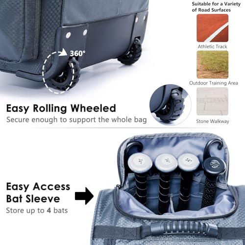 Rolling Baseball Bag With Wheels, Seperate Shoe Compartment and Fence Hook - Large Softball Bag for T-Ball - Team Equipment Duffle Bag - Catcher Gear Bag for Boys 8-12, Youth, Adults - color: Grey