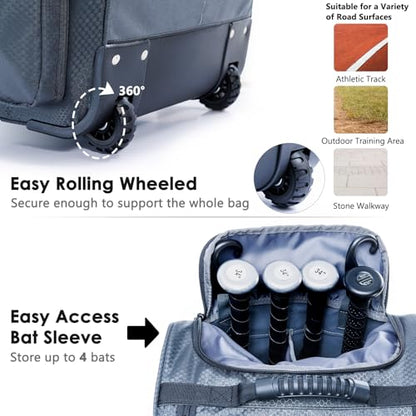 Rolling Baseball Bag With Wheels, Seperate Shoe Compartment and Fence Hook - Large Softball Bag for T-Ball - Team Equipment Duffle Bag - Catcher Gear Bag for Boys 8-12, Youth, Adults - color: Grey