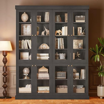 Vyre 70.8" Tall Black Bookshelf with Glass Doors, Farmhouse Modular Bookcase with 6-Tier Adjustable Shelves, Large Storage Cabinet for Home Office, Living Room, Set of 2 - color: Black