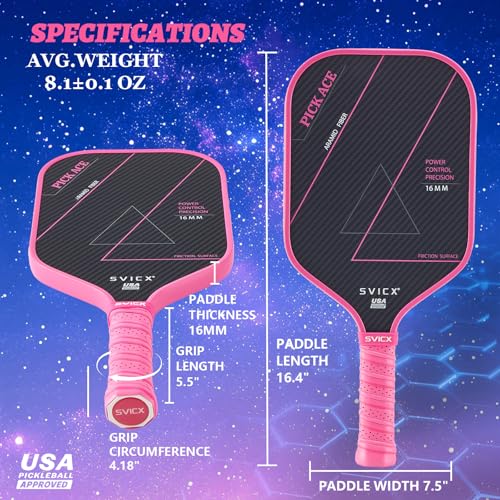 Carbon Fiber Pickleball Paddle 16mm – Professional Pickleball Paddles with Superior Control, Power & Spin – Extended Handle for Two-Handed Grip, USAPA Approved - color: Pink