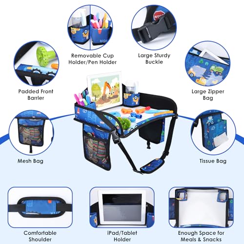 Kids Travel Tray for Airplane - Toddler Car Seat Table Tray, Road Trip Essentials for Boys & Girls, Carseat Lap Desk for Kids Road Trip Activities (Dark Blue Car) - color: Dark Blue Car