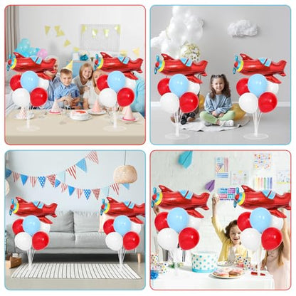 Airplane Birthday Party Balloons Stand Kit 2 Sets with 2 Plane Helicopter Foil Balloons Red Blue White Balloon Centerpiece for Tables for Adventure Time Flies Birthday Baby Shower Party Decoration - style: Airplane
