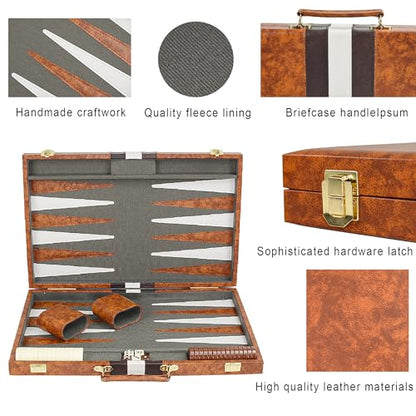 15 Inch Travel Backgammon Set for Adults, Classic Board Game with Premium PU Leather Case, Portable Strategy Backgammon Game Set, Brown - color: Brown