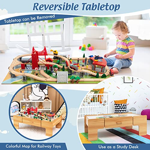 Costzon 2-in-1 Wooden Train Table with Storage Drawer | Kids Activity Table w/ 100 Pieces Railway, Track, Cars, City, DIY Design, Reversible Tabletop, Gift for Boys Girls - size: 48" x 24.5" x 16" (L x W x H)