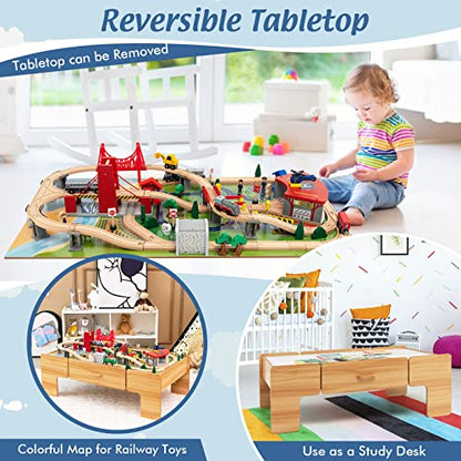Costzon 2-in-1 Wooden Train Table with Storage Drawer | Kids Activity Table w/ 100 Pieces Railway, Track, Cars, City, DIY Design, Reversible Tabletop, Gift for Boys Girls - size: 48" x 24.5" x 16" (L x W x H)