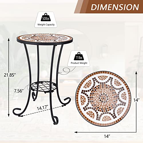VCUTEKA Outdoor Side Table Mosaic Patio Table Accent Tables Mosaic Tile Top Metal Frame Small End Tables Porch Beach Patio Garden Balcony Russet 14'' - color: Russet