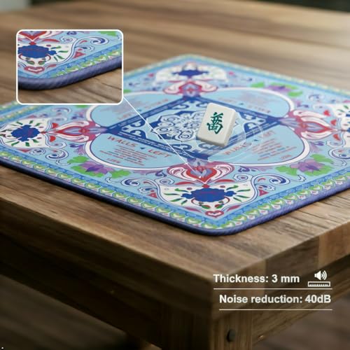 Mahjong Mat for Table with Rules 33×33", 3mm Thick, Boho Floral Design | Non-Slip, Waterproof, Noise-Reducing Table Cover for American Mahjong, Poker, Board Games , Dominoes, and Card Games - color: Blue-2