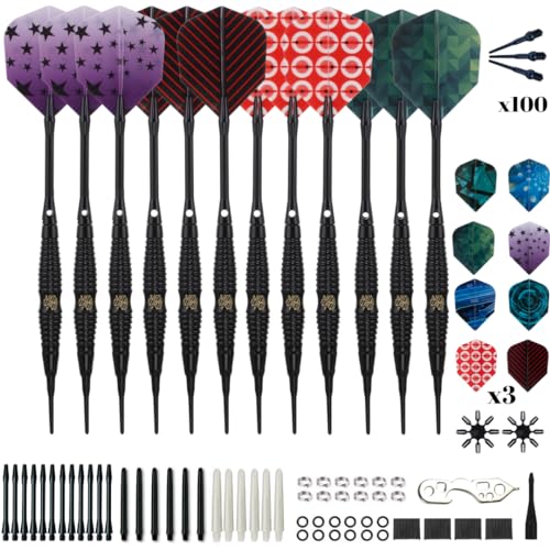 Shot Taker Co. Plastic Tip - Soft Tip Darts Set - 12 Pcs with 100 Extra Dart Tips 24 Flights Flight Protectors and Wrench for Electronic Dart Board - color: Black-10471