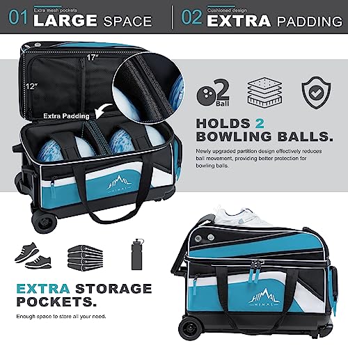 GoHimal Double Roller Bowling Bag, Shoe Compartment, Upgraded Fabric | Fits US men's size 15 shoes,multi pockets,retractable handle extends to 40",smooth-rolling wheels,lightweight design - color: Black-Blue