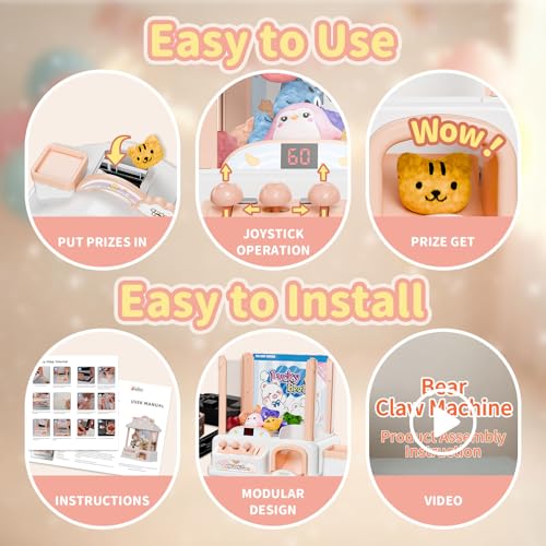Large Snow Bear Claw Machine for Kids, Arcade Prize Grabber with 30 Starter Prizes, 3-Joystick Controls, Lights and Music, Gift for Ages 3 and Up