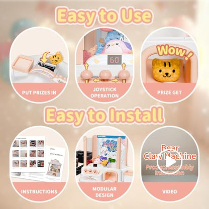 Large Snow Bear Claw Machine for Kids, Arcade Prize Grabber with 30 Starter Prizes, 3-Joystick Controls, Lights and Music, Gift for Ages 3 and Up