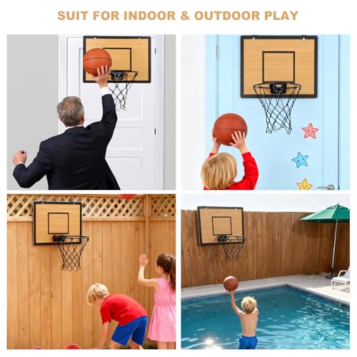 Mini Basketball Hoop for Kids,Durable Wooden Over The Door Basketball Hoop Indoor,Mini Hoops with 4 Balls and Pump for Teens and Adults