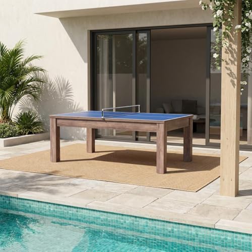 Brown 3 in 1 Outdoor Pool Table with Table Tennis Conversion and Dining Top, Multi-Purpose Game Table for Indoor, Backyard Entertainment