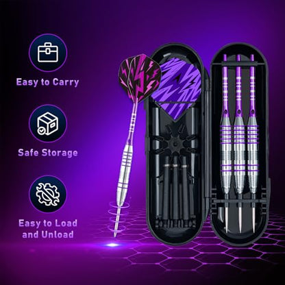 XAWU 3 Pack Steel Tip Darts Set Professional Darts 22g, 24g with 9 Dart Flights 3 Aluminum Shafts 3 Spare Shafts 1 Dart Sharpener 12 Rubber O-Rings Flight Protector and Darts Case - color: 24g Moonlight Purple