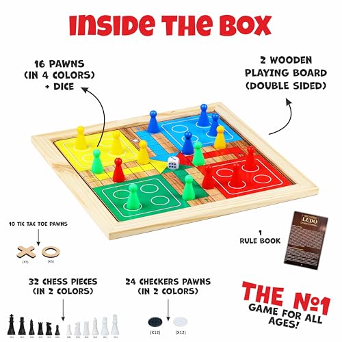 Ankit Toys & Games 5-in-1 Wooden Board Game Set Includes Ludo, Snakes & Ladders, Chess, Checkers, and Tic Tac Toe. Portable Fun for Kids, Adults and Family Game Nights | 2 Reversible Boards