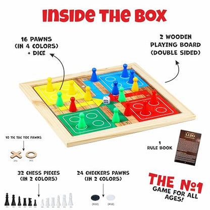 Ankit Toys & Games 5-in-1 Wooden Board Game Set Includes Ludo, Snakes & Ladders, Chess, Checkers, and Tic Tac Toe. Portable Fun for Kids, Adults and Family Game Nights | 2 Reversible Boards