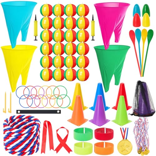 65 Pcs Outdoor Carnival Yard Game Set Include Giant Granny Pants and Bouncy Balls Ring Toss Game Tug of War Rope 3 Legged Race Egg and Spoon Medals for Carnival Yard Family Reunion Backyard