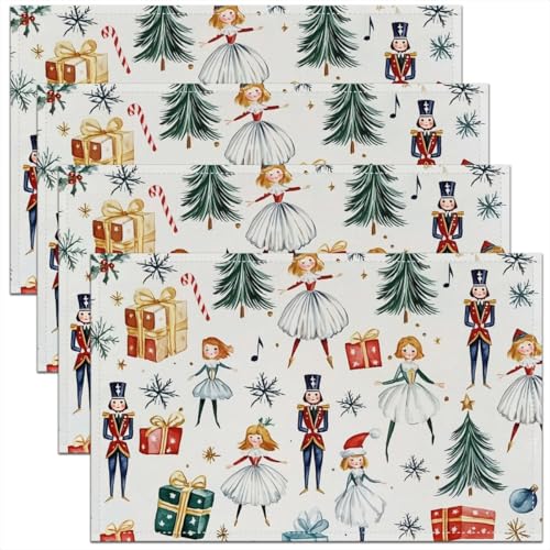 Erosebridal Set of 4 Christmas 12X18 Inch,Merry Christmas Kids Nutcracker Waterproof Placemats for Children Girls,Princess Gift Box Christmas Tree Place Mats for Dining Patio Table Kitchen Decor - color: Green Red White