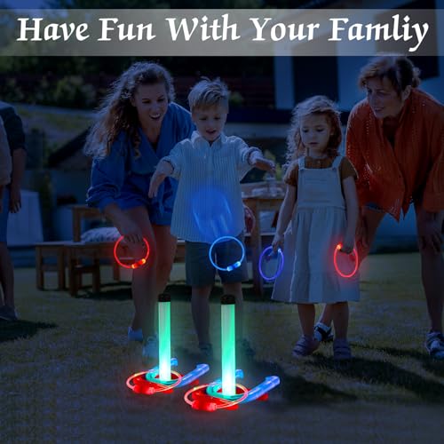 Blueweenly LED Ring Toss Game for Adults and Family, 12 Pcs, Red, Blue, Green LED Horseshoes and Hoop Rings, Outdoor Yard Games