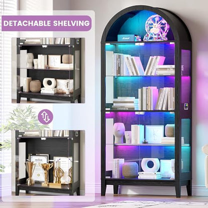Gurexl 5-Tier Arched Glass Display Cabinet, Motion Sensor RGB LED Showcase with Music Sync Light & Adjustable Shelves, Tempered Glass Curio Cabinet for Action Figures Trophies Collectibles, Black - color: Black-80008a