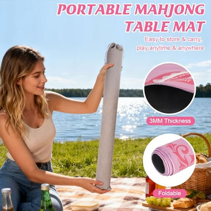 Mahjong Mat with Rules for Table, American Mahjong Table Mats Multi Purpose Anti Slip Noise Reduction Game Table Cover for Poker Card Dominoes Board Tile Games (Pink)