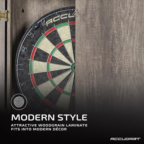 Accudart Match Pro Dartboard Cabinet Set – Official 18” Sisal Board, Self‑Healing Fibers, Modern Woodgrain Cabinet, Built‑in Dart Holders, Auto LED Lighting – Includes Scoreboards & Steel‑Tip Darts