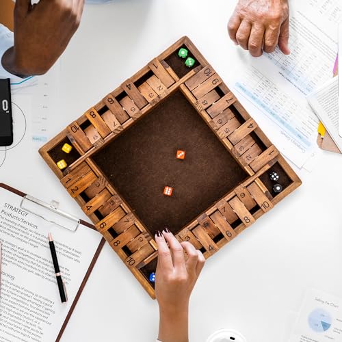 ropoda 14 Inches 4-Way Shut The Box Game (2-4 Players) for Kids & Adults (4 Sided Large Shut the Board Game Wooden, 8 Dice) – Vintage Style,Close the Box Game,dice Game