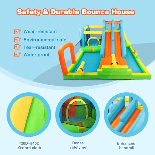 JOYLDIAS Inflatable Water Slide, Giant Water Park Bounce House with 2 Long Slides, Splash Pool,Trampoline, Climbing Wall, Ring Toss Game, 550W Air Blower for Kids Backyard Garden Indoor Outdoor Use