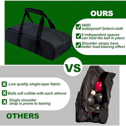 Bocce Set Carry Bag, Bocci Storage Bag with 8 Compartments for 8 Bocce Balls, Oxford Cloth Equipment Bag with Reinforced Handles for Lawn Beach Yard Outdoor