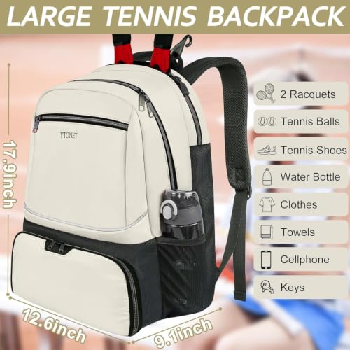 Ytonet Tennis Bag Tennis Backpack for Women Men 2 Rackets with Insulated Pocket Ventilated Shoe Compartment - color: Beige