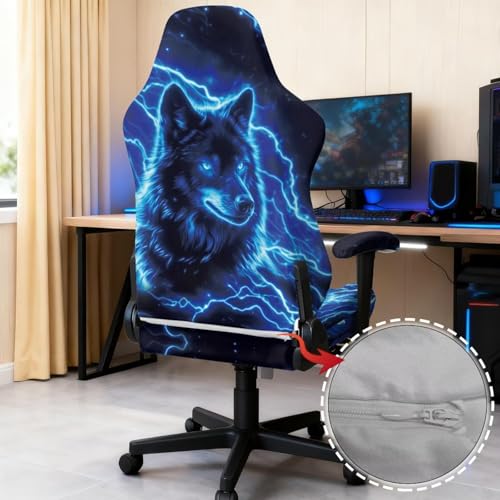 Blue Lightning Wolf Gaming Chair Cover with Armrest Covers Anti Cat Scratch Furniture Protector Universal Stretchable Fit High Back Spandex Rotating Boss Chair Slipcovers, 4Pc/Set - color: Blue Lightning Wolf