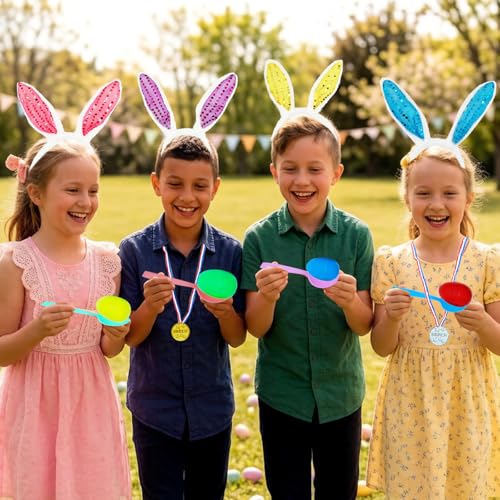 27 Pack Easter Outdoor Party Games for Kids, 4 Bunny Potato Sack Race Jumping Bags, 4 Egg and Spoon Games, Toss Banner and 4 Bean Bags, Legged Relay Race Bands, Easter Games Prizes Supplies