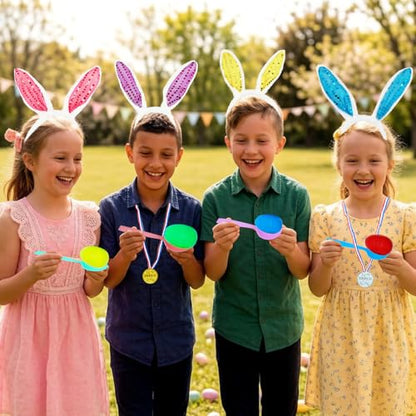 27 Pack Easter Outdoor Party Games for Kids, 4 Bunny Potato Sack Race Jumping Bags, 4 Egg and Spoon Games, Toss Banner and 4 Bean Bags, Legged Relay Race Bands, Easter Games Prizes Supplies