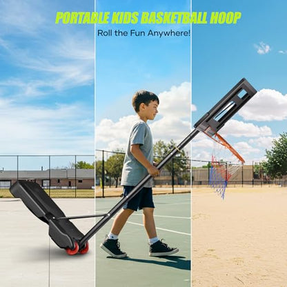 Asbest Kids Basketball Hoop Outdoor, 5.08-7 FT Adjustable Height, 32Inch Portable Basketball Hoop for Kids in Backyard, Driveway, Indoor, Shatterproof PC Backboard