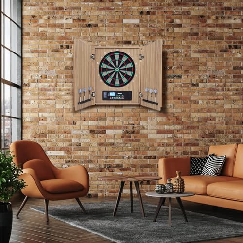 TsoLay Electronic Dartboard, Decorative Dart Board Cabinet Set with Auto-Scoring LCD Cricket Display, Dart Withdrawal Eliminate Points and Voice Prompt Function, for Family Game Rooms