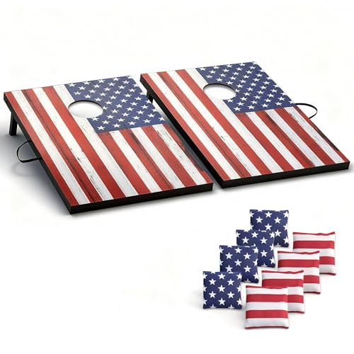 Portable Cornhole Board Set - Premium MDF Wood Corn Hole Game with 8 Regulation Bean Bags, for Backyard, Camping, and Outdoor Tailgating - Choose 3x2' Tailgate or 4x2' Regulation Size - style: 3' x 2' American Flag