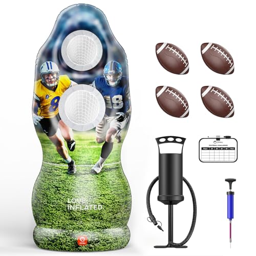 QPAU Life-Size Inflatable Football Target with Dual-Hole & Water-Filled Base - Includes 4 Balls, 2 Pumps & Dry Erase Scoreboard - Heavy Duty Outdoor Backyard Sports Toss Games for Kids, Teens & Adults