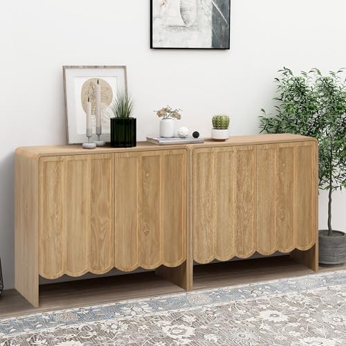 ORRD Sideboard Buffet Cabinet Set of 2, Accent Storage Cabinet with 2 Doors, Farmhouse Wood Cabinet with Adjustable Shelves and Wave Panel for Living Room, Dining Room, Entry - Natural - color: 2 Doors Natural 2 Sets