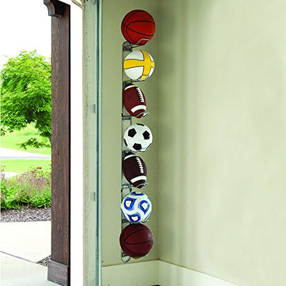 John Sterling Sports Rack for Garage, Wall Mounted Ball Storage Organizer with 7-Ball Capacity, Durable Alloy Steel, Silver Finish