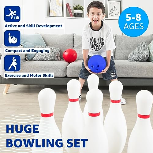 Grip Kids Jumbo Family Fun Bundle – 17-inch Giant Bowling Set with 6 Pins & 2 Balls + Jumbo Checkers Board Game, Indoor & Outdoor Toys for Kids & Toddlers, Backyard Party Games, Travel-Friendly