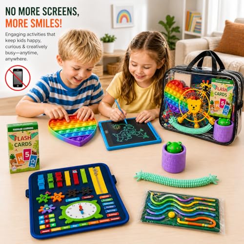 Kids Travel Activity Kit, 10-in-1 Montessori Busy Board, LCD Writing Tablet, Wooden Puzzle, Flash Cards & Sensory Fidget Toys, Screen-Free Travel Toys, Gift for Kids Ages 3–10
