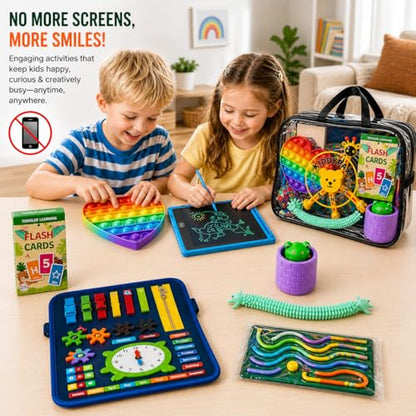 Kids Travel Activity Kit, 10-in-1 Montessori Busy Board, LCD Writing Tablet, Wooden Puzzle, Flash Cards & Sensory Fidget Toys, Screen-Free Travel Toys, Gift for Kids Ages 3–10