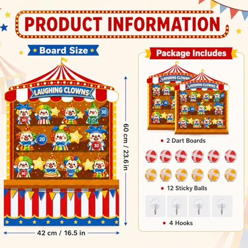 2 Pcs Dart Board with 12 Sticky Balls Theme Party Decorations Felt Cloth Toss Game for Family Games Birthday Party Outdoor Indoor Supplies(16.5 x 23.6 inches) - style: Circus Clown