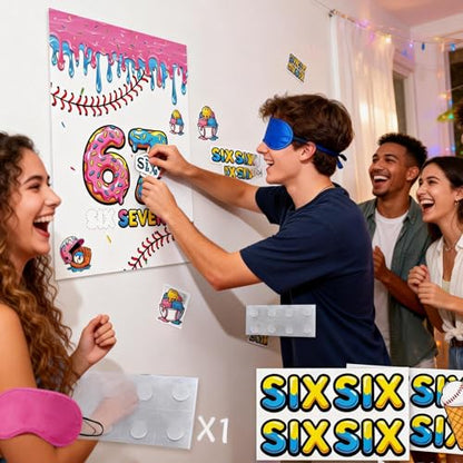 67 Meme Themed Pin the Tail Party Game, Birthday Donut Design with Blindfolds and Stickers, 70x52cm