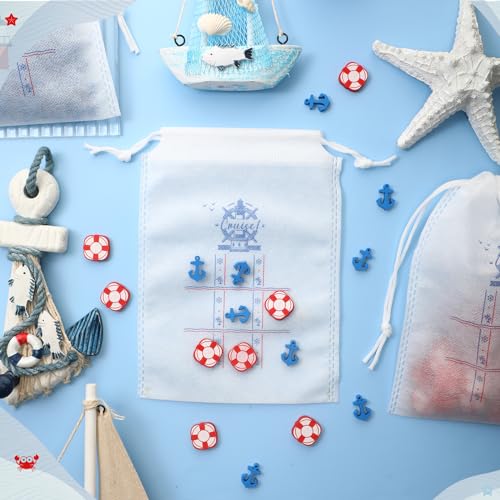 Sotiff 36 Set Cruise Party Favors Tic Tac Toe Game Bulk Includes 360pcs Mini Anchors Lifebuoy Wood Pieces 36pcs Drawstring Bag Kid Party Gift for Nautical Themed Birthday Supplies - style: Nautical Themed
