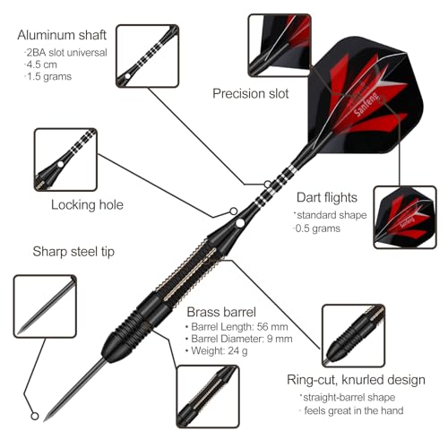Steel Tip Darts Set for Dartboard, Professional Brass Darts Metal Tip Black Purple Aluminium Nylon Shafts 9 Flights 50 Rubber O-Rings 12 Spring Rings 1 Dart Sharpener Tool 24/27 Grams - color: 26 grams---Black