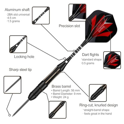Steel Tip Darts Set for Dartboard, Professional Brass Darts Metal Tip Black Purple Aluminium Nylon Shafts 9 Flights 50 Rubber O-Rings 12 Spring Rings 1 Dart Sharpener Tool 24/27 Grams - color: 26 grams---Black