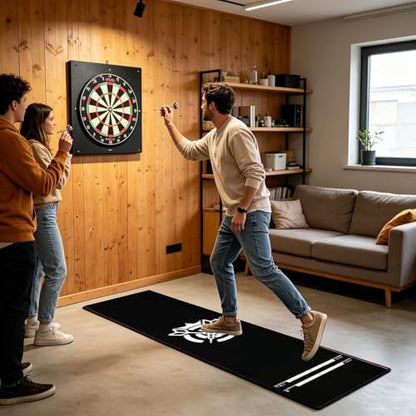 Dart Mat with Throw Line – Crystal Velvet 34x300cm Portable Non Slip Darts Distance Mat with Printed Throw Line Floor Protection Runner | Professional Dart Board Setup Accessory - color: Black and white